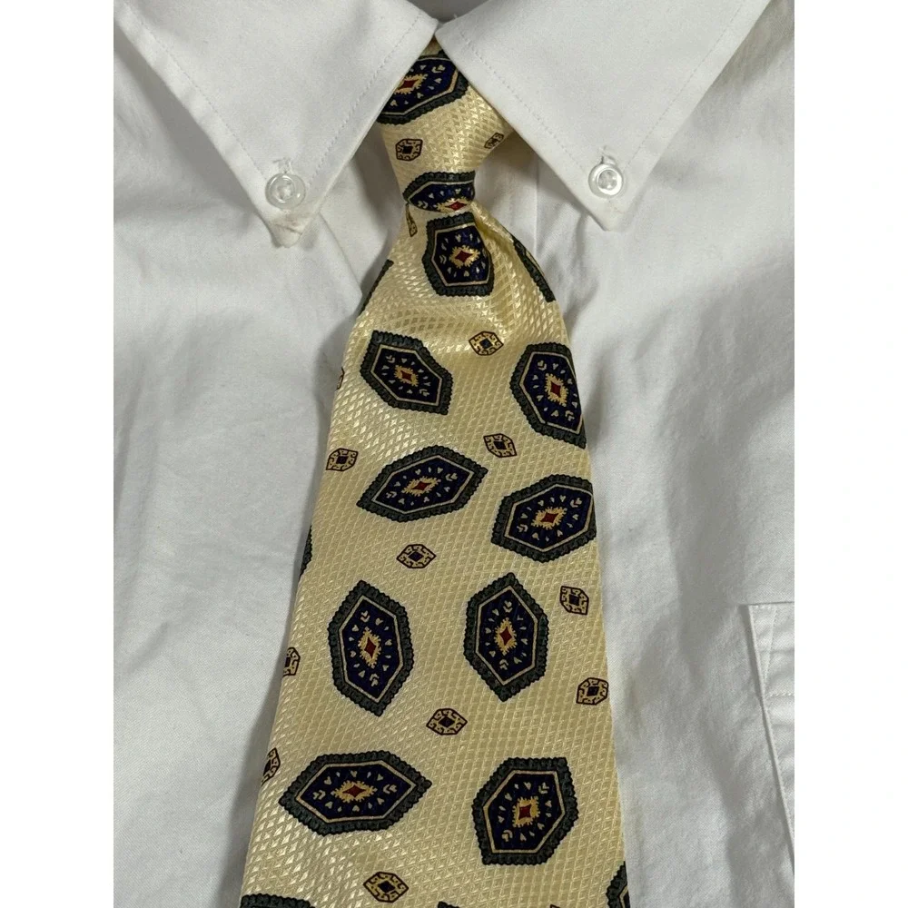 VTG NWT Silk Robert Stewart‎ Tie Beige USA Geometric Shapes Red Blue Green
